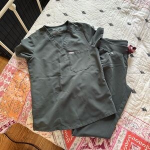 Figs moss green Scrub Set with Burgundy Tie